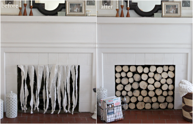 A DIY faux log stack easily hides an unsightly gas fireplace adding a rustic and modern charm.