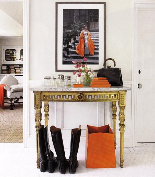 Suzie:  Windsor Smith. Chic orange entry entrance foyer!   Off white soft gray paint colors  and ...
